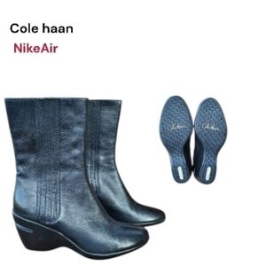 Cole Haan Nike Air Kiersten Black Leather Calf High Wedge Heel Boot Shoe Women 7